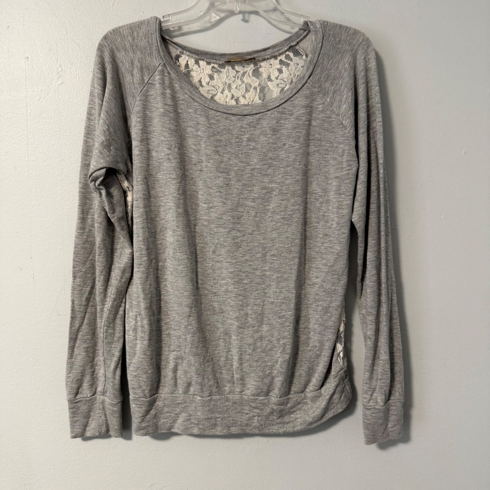 Bordeaux Anthropologie Heather Gray Lace Back Long Sleeve Top Raglan Scoop Neck